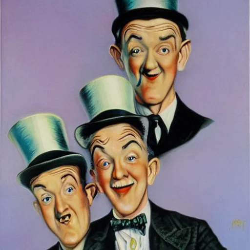 Image similar to A portrait of Stan Laurel and Laurel Hardy in hats by Frank Kelly Freas