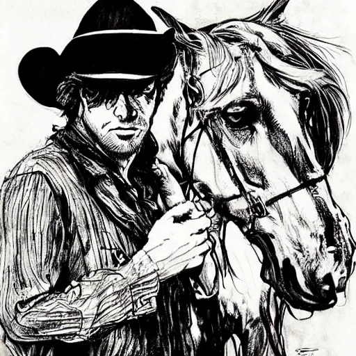 Prompt: a portrait of a cowboy and his horse, by sergio toppi