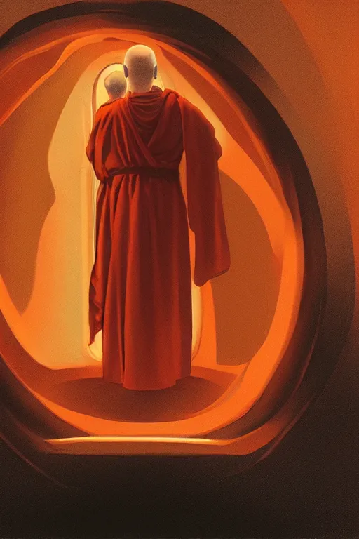 Image similar to portrait of a blind monk in a spaceship, looking out the window, orange robe, dramatic lighting, artstation, matte painting, ralph mcquarrie