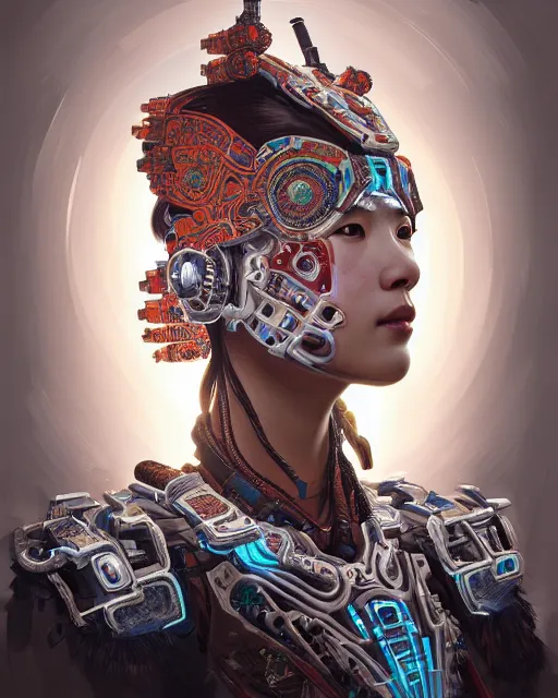 Image similar to portrait of a machine from horizon zero dawn, machine face, upper body, decorated with chinese opera motifs, asian, traditional chinese art, intricate, elegant, highly detailed, digital painting, artstation, concept art, smooth, sharp focus, illustration, art by artgerm and greg rutkowski and alphonse mucha, 8 k