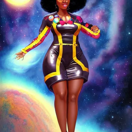 Image similar to full body shot of beautiful black female astronaut with a celestial afro pin-up style floating in deep space with planets and nebulae behind her by Artgerm, realist, trending on artstation