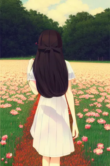 Prompt: little girl with her long black hair dressed in a simple white dress lying in a flowery field, anime art style, digital art by ilya kuvshinov, inspired by balthus, hd, 4 k, hyper detailed, rear view