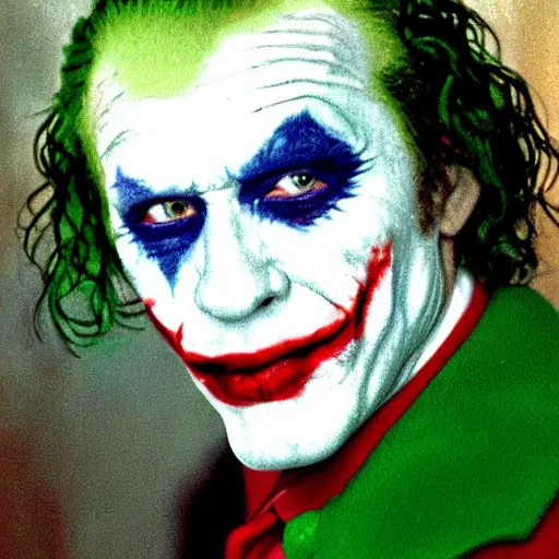 Image similar to peter otoole, hair green, face white, lips red, portrait, impressionistic, film still, joker