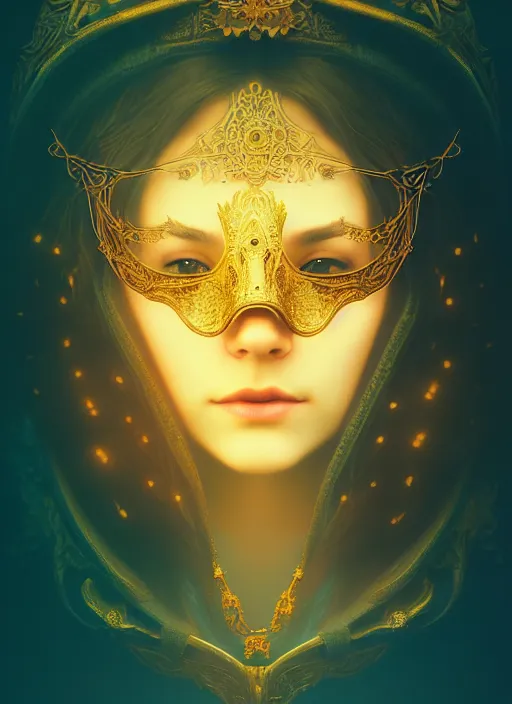 Prompt: centered portrait of a beautiful woman wearing a venetian mask, intricate concept art, ethereal, highly detailed, artstation, smooth, cinematic, mist, dramatic lighting, darksynth, illuminated lines, outrun, vaporware, turquoise and gold, 8 k, by ruan jia and ilya kuvshinov and liam wong and alphonse mucha