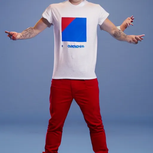 Prompt: a full body shot of an average white, short young - adult man with no beard and blue colored hair, wearing a red backwards cap, white t - shirt with a red no symbol on it, blue long pants and red shoes, holding a microphone, studio lighting, photoshoot, grey background