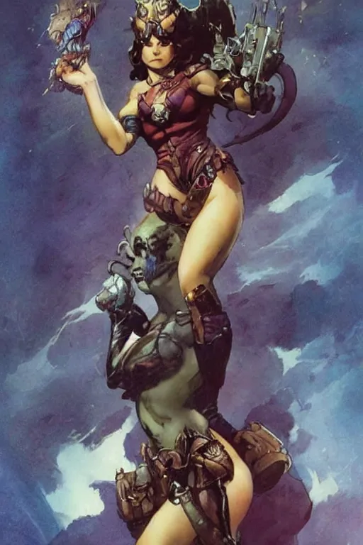 Image similar to a cute fantasy woman by frank frazetta and ross tran