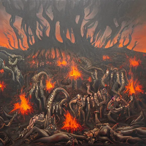Prompt: oil painting of hell With Millionär of demons