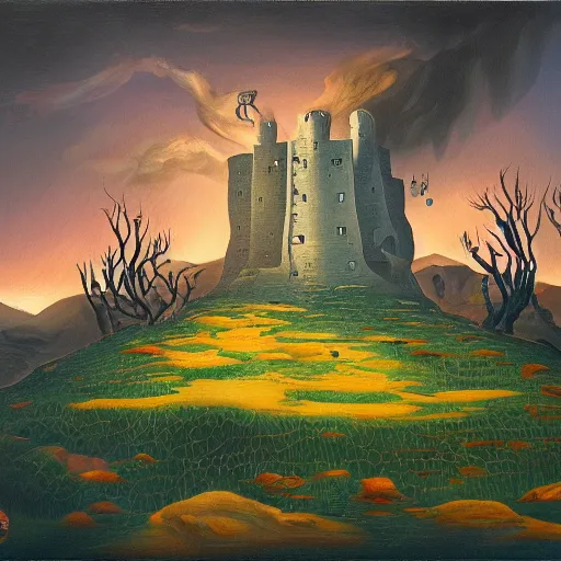 Prompt: the fortress of misfortune, surrealist landscape painting