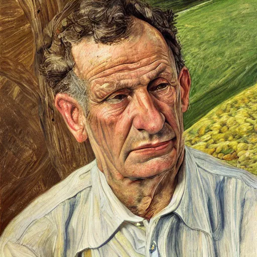 Image similar to high quality high detail painting by lucian freud, hd, farmer looking at the distance with despair, photorealistic lighting