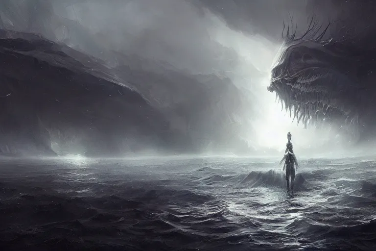 Image similar to primordial waters, chaos, the world without form and void, darkness shone on the face of the deep, dark, scary, brooding amazing concept painting by Jessica Rossier and HR Giger