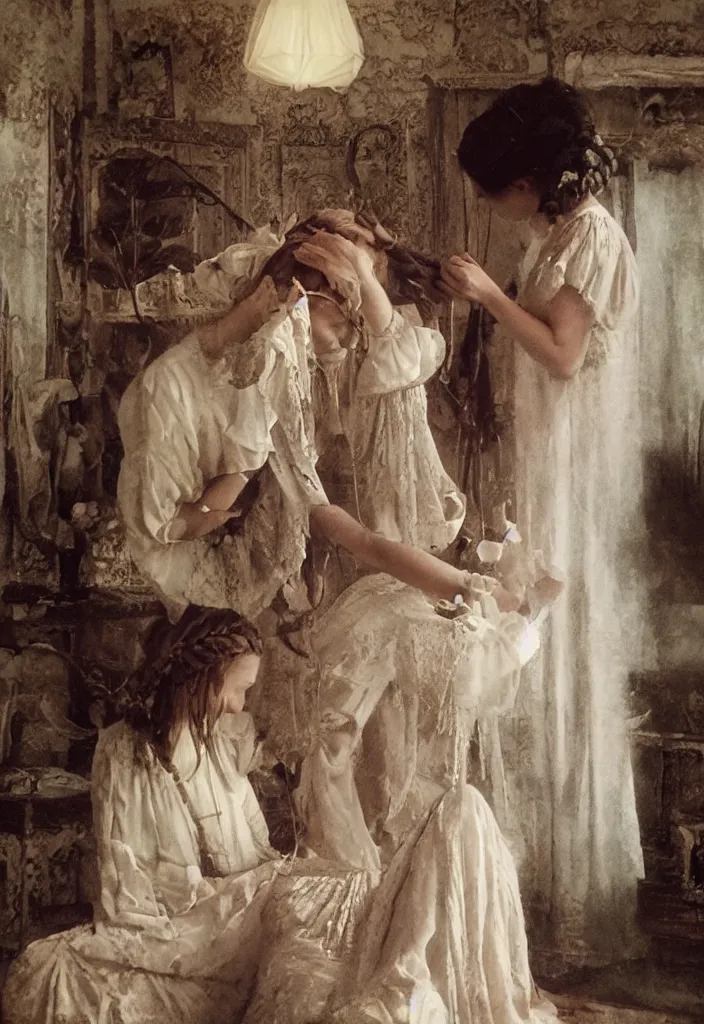 Prompt: 2 Servants braiding hair of aristocratic mistress, in a mansion, Cottage core, Cinematic focus, atmospheric lighting, Polaroid photo, bleached, vintage, pastel colors, High-key lighting, soft lights, cozy, foggy, by Steve Hanks, by lisa yuskavage, by Serov Valentin, by Krenz Cushart, by Andrei Tarkovsky, 8k render, octane render, fine details, detailed, oil on canvas, High angle view, wide shot