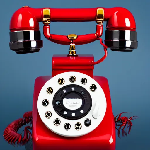 Image similar to commercial product photography advertisement for Salvador Dali’s Lobster phone, a red Rotary telephone with a lobster handset, The handle of the rotary phone is a plastic lobster, dark background, low key lighting, backlit, commercial studio lighting