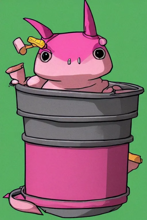 Prompt: pink axolotl in a bucket wearing a wizard hat, cartoon, cute, trending on artstation, digital art