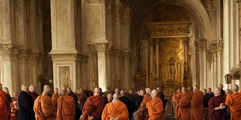 Prompt: beautiful oil matte portrait painting, monks holding a church ceremony inside a baroque cathedral, wonderful masterpiece highly detailed, beautiful cinematic light deep focus, elegant, digital painting, smooth, sharp focus, golden ratio, dramatic illumination, ultra realistic, 8 k, art by giovanni bellini and caravaggio