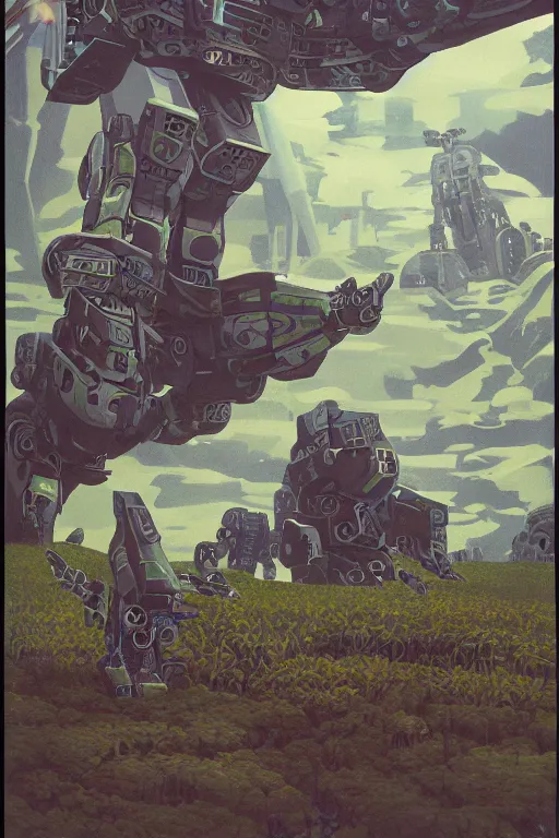 Image similar to giant mecha robot fight with giant сyclops with laser, swamps landscape and pillars by helen lundeberg