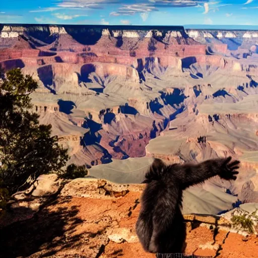 Image similar to candid photograph of a deathclaw roaming the grand canyon with a bright blue sky with many clouds in the background, 8 k, very detailed, very intricate,