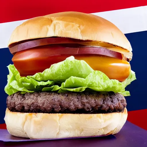 Prompt: patriot burger, a burger filled with lettuce, patty, ketchup, fried american flag, pickle, mayonnaise