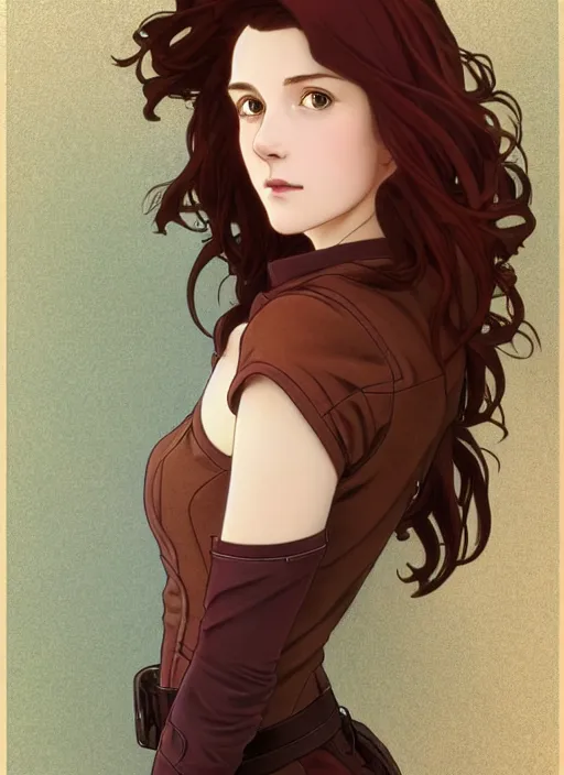 Image similar to pretty young woman with shoulder length dark red hair and wearing brown leather jacket, path traced, highly detailed, high quality, digital painting, by studio ghibli and alphonse mucha, leesha hannigan, makoto shinkai, disney