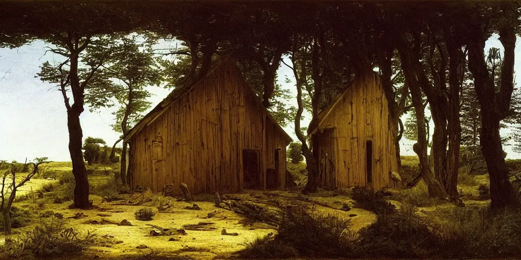 Image similar to An overgrown wood cabin in the middle of a desert, painting by Caspar David Friedrich, Caravaggio, highly detailed,