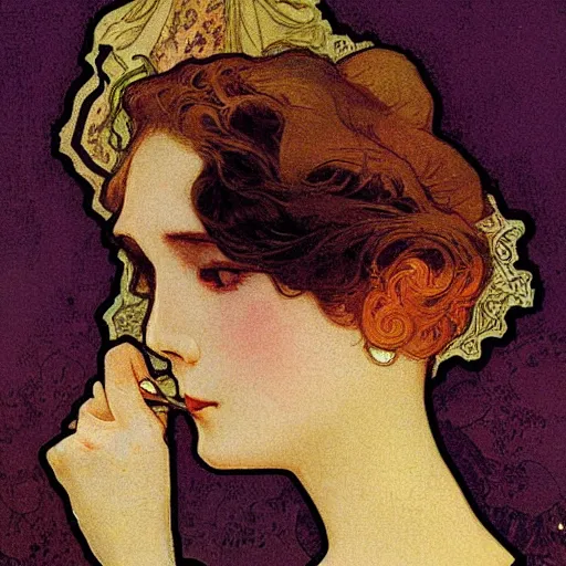 Image similar to cigarette in woman's hand painting by mucha