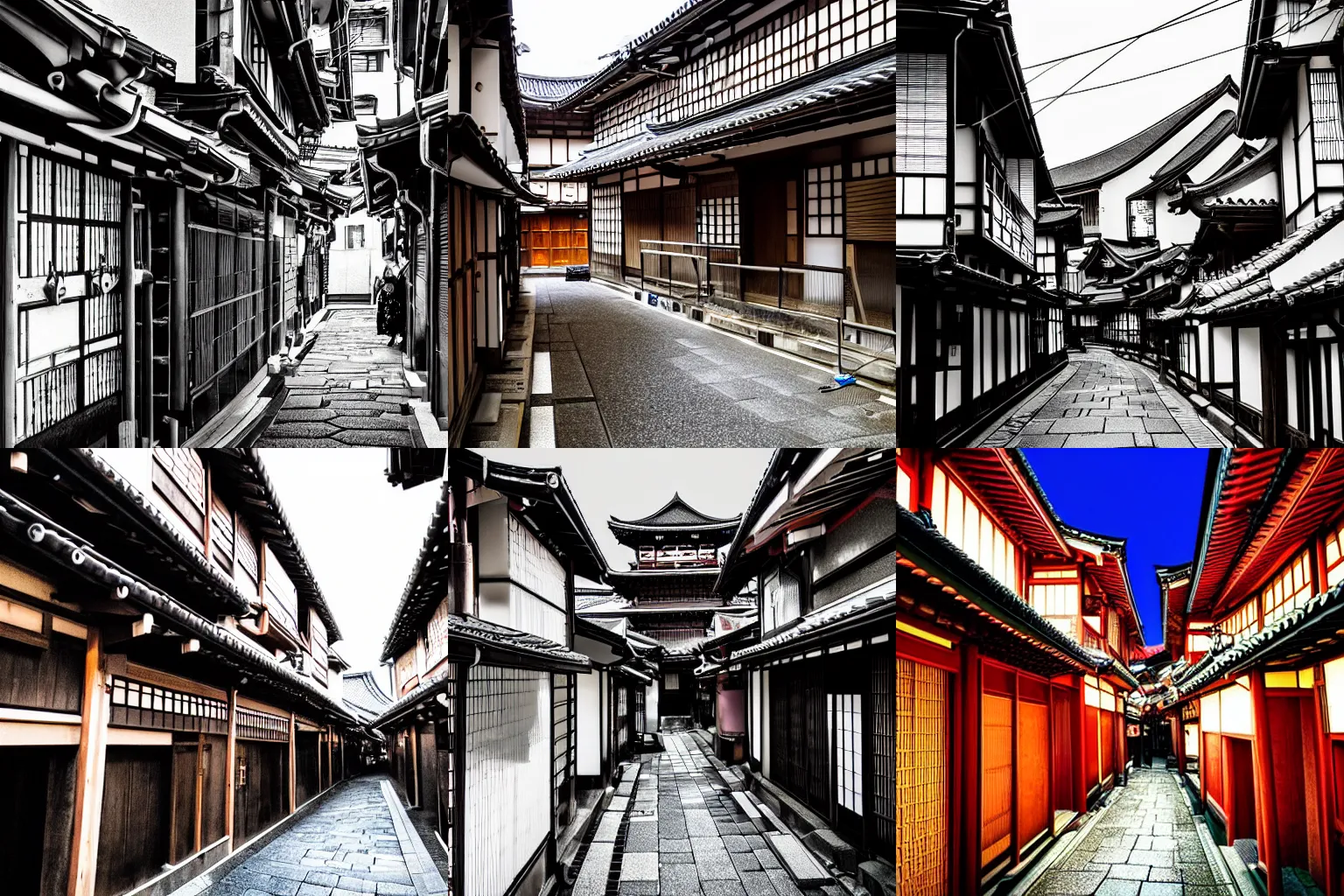 Prompt: kyoto old town architecture, cyberpunk, high contrast, picture quality