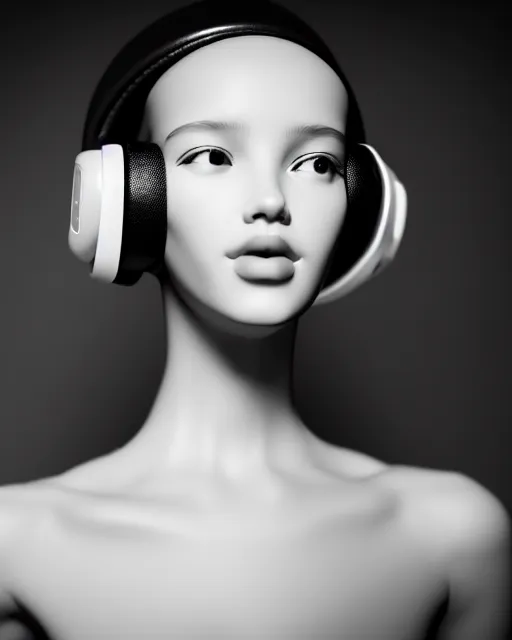 Image similar to black and white dreamy young beautiful female artificial intelligence with a techno headset crown from the future, cinematic, rim light, bokeh, photo - realistic, elegant, high detail, 8 k, masterpiece, photo taken in 1 9 3 0