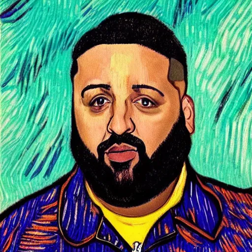 Image similar to ultra realistic portrait of dj khaled in a studio, ultra detailed, under blue, red and yellow cinematic lighting, by van gogh, cartoon