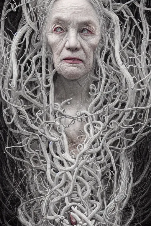 Image similar to realistic portrait beautiful detailed matte painting of cinematic movie scene a crazed old woman with long white hair, tentacles, thorns, vines, horror, created by gustave dore and greg rutkowski, high detailed, smooth draw, synthwave neon retro, intricate, realistic proportions, dramatic lighting, trending on artstation.