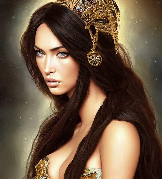 Image similar to portrait of of young beautiful female princess, mix of megan fox and kim kardashian, d & d, baroque dress, elegant, flat lighting, intricate, highly detailed, digital painting, artstation, concept art, smooth, sharp focus, illustration, closeup, misa amane, art by simon bisley and greg rutkowski and alphonse mucha, natural tpose