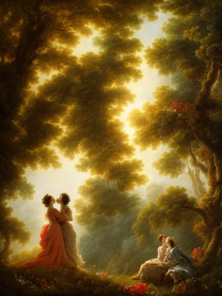 Image similar to portrait of the secret lovers kissing against a tree, shaded forest, volumetric light, afternoon, light wind, wild flowers, chiaroscuro, john longstaff, jean - honore fragonard, francois boucher, anna dittmann, 4 k