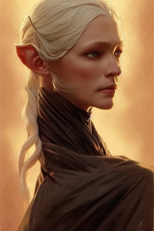 Image similar to portrait of an old blonde elven mage, dark, piercing eyes, gentle expression, elegant clothing, photorealistic, highly detailed, artstation, smooth, sharp focus, art by michael whelan, artgerm, greg rutkowski and alphonse mucha