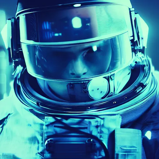 Image similar to professional photo of astronaut from front standing very close to camera from low angle shot, cyberpunk, synthwave, blade runner, hyperrealistic masterpiece, trending on artstation, cgsociety, kodakchrome, golden ratio, cinematic, composition, beautiful lighting, hyper detailed, sharp focus, octane render, 4 k, unreal engine