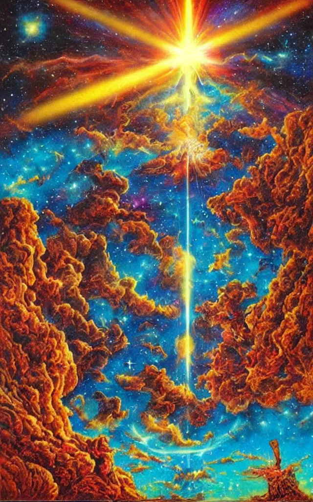 Image similar to planet earth crust destroyed by a meteor and light flare in style of biblical representations, colorful airbrush fantasy 80s, masterpiece album cover