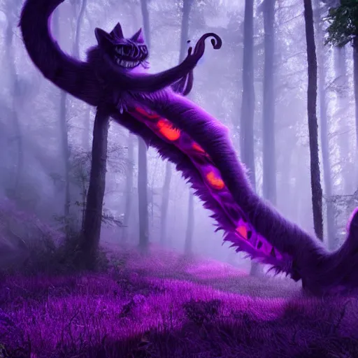 Prompt: demonic cheshire cat in a neon purple forest, horror, scary, realist, cryengine, hdr