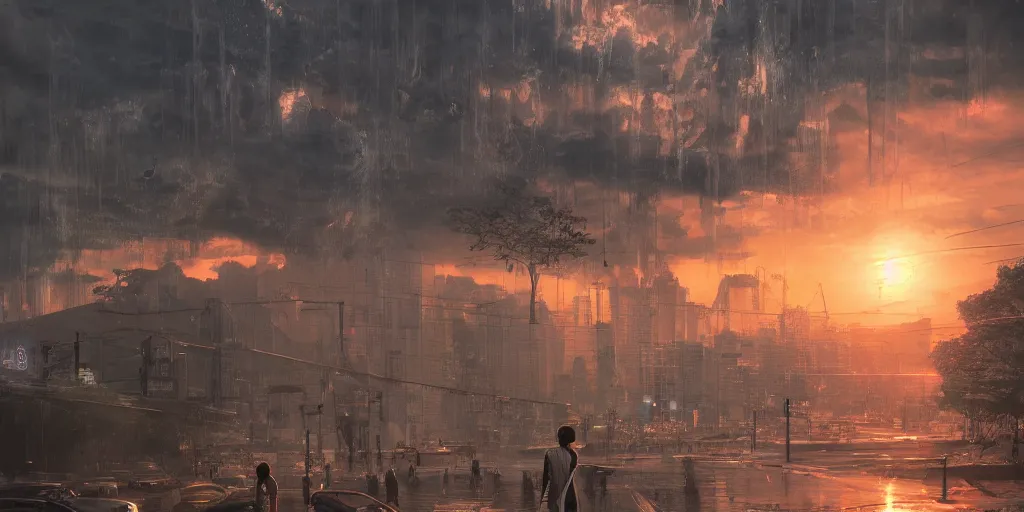 Image similar to lone wanderer in a highly detailed cinematic tokyo suburb, psychedelic, amazing, by feng zhu, wayne barlowe, perfect geometry, hdr, 4 k, hyper - detailed, sharp, beautiful, desaturated, beautiful lighting, oil on canvas, sunset, cinematic composition, trending on artstation, gnomon