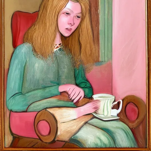 Prompt: russian girl with long blond hair sitting at a pink keyboard holding a cup of tea, masterpiece art