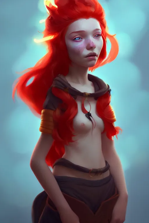 Image similar to super cute Bioluminescent fire mage with red hair and freckles character concept, soft light, soft mood, realistic body features and face, illustration, painting oil on canvas by Elena Zhurikhina and Goro Fujita and Charlie Bowater, octane render trending on artstation, 4k, 8k, HD