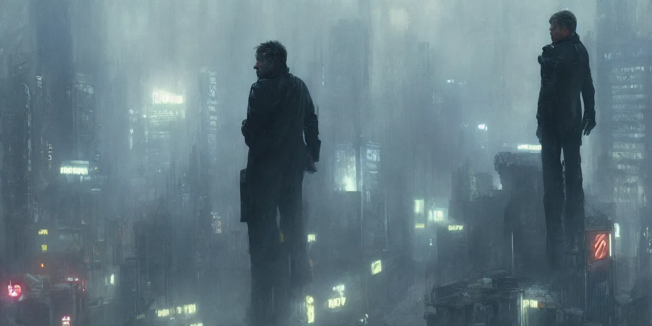 Image similar to 2 0 1 8 blade runner movie dirty harry western look at the cityscape from roof perfect face fine realistic face pretty face reflective polymer suit tight neon puffy jacket blue futuristic sci - fi elegant by denis villeneuve tom anders zorn hans dragan bibin thoma greg rutkowski ismail inceoglu illustrated sand storm alphonse mucha