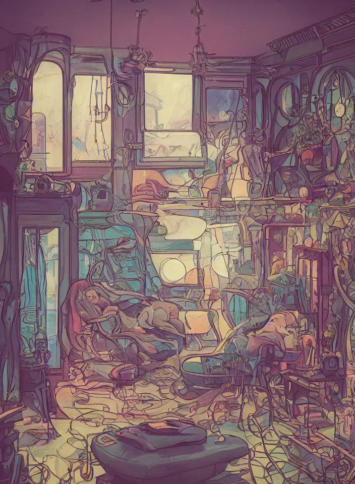 Prompt: telephoto 7 0 mm f / 2. 8 iso 2 0 0 photograph depicting the feeling of chrysalism in a cosy safe cluttered french sci - fi ( ( art nouveau ) ) cyberpunk apartment in a pastel dreamstate art cinema style. ( person relaxing living room ) ( ( fish tank ) ), ambient light.