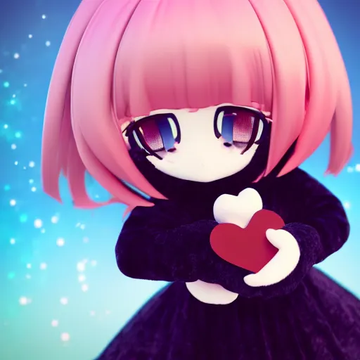 Image similar to cute fumo plush of a girl with a big heart, hair blocking eyes, twee velvet dressed monstergirl, v - sign, blob anime, bokeh, vray