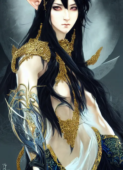 Image similar to Half body portrait of a beautiful elven healer with long straight black hair wearing ornate white and gold attire. In style of Yoji Shinkawa and Hyung-tae Kim, trending on ArtStation, dark fantasy, great composition, concept art, highly detailed, dynamic pose.