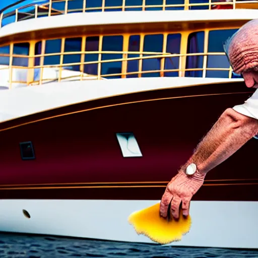 Image similar to wrinkled hunchbacked old man in musty burgundy suit, polishing painting the side of a gold plated mega yacht with a cloth, maintenance photo, wide angle