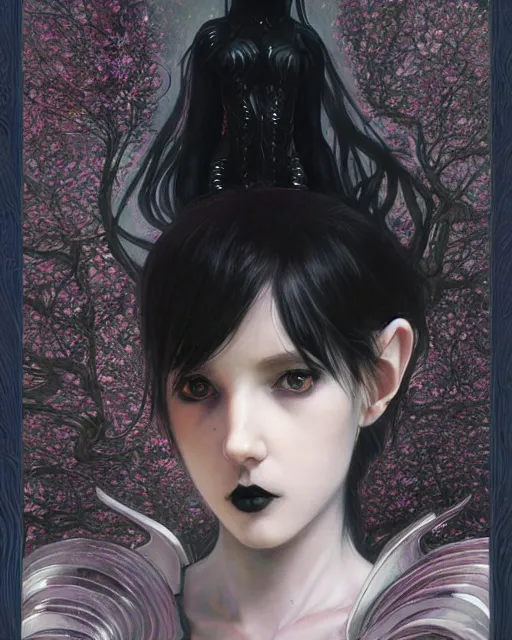 Image similar to portrait of beautiful cute young goth maiden girl with short white hairs in warhammer armor, art by ( ( ( kuvshinov ilya ) ) ) and wayne barlowe and gustav klimt and artgerm and wlop