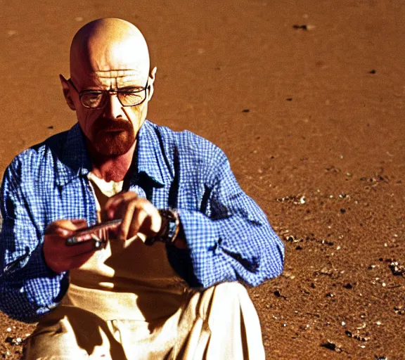 Prompt: walter white singing with a microphone in the desert, realistic, movie still, close up