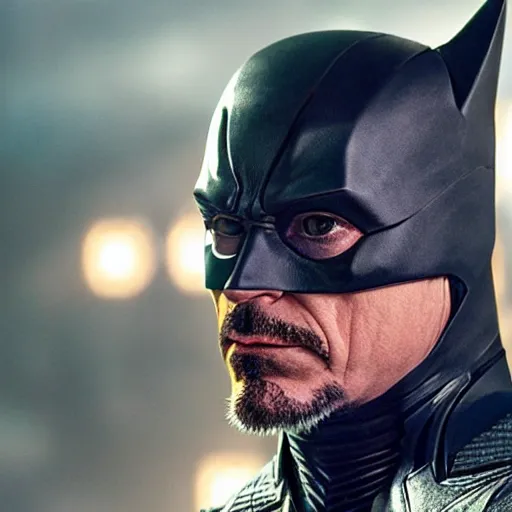 Image similar to robert downey jr in batman suit, portrait hd, still from justice league 4 k