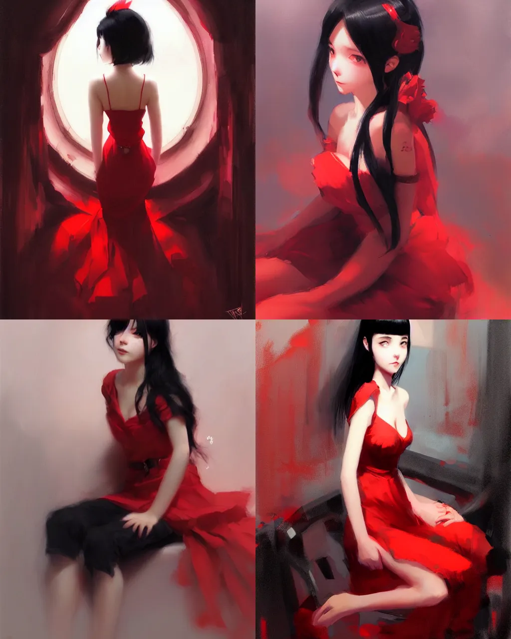 Prompt: girl with black hair and red dress, half - length photo, soft lighting, by wenjun lin an krenz cushart, wide angle