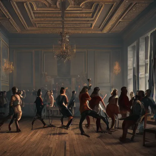 Prompt: crowd of cyborgs dancing in a 1 8 th century room, rule of thirds, old furnitures, wooden parquet, dramatic, cloudy modern city outside of big windows, cables as wall decorations, volumetric lighting, low angle camera, octane render, depth haze, cinematic, glow