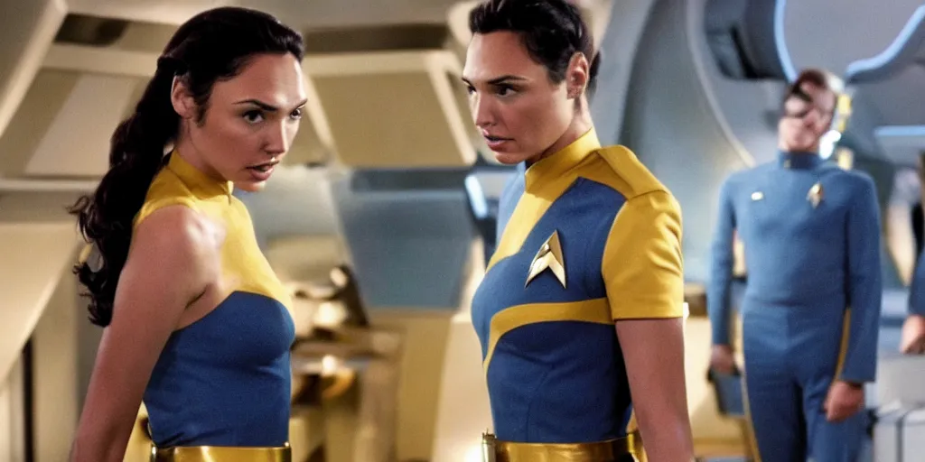 Image similar to Gal Gadot, in Starfleet uniform, in the role of Captain Kirk in a scene from the Trouble with Tribbles episode of Star Trek