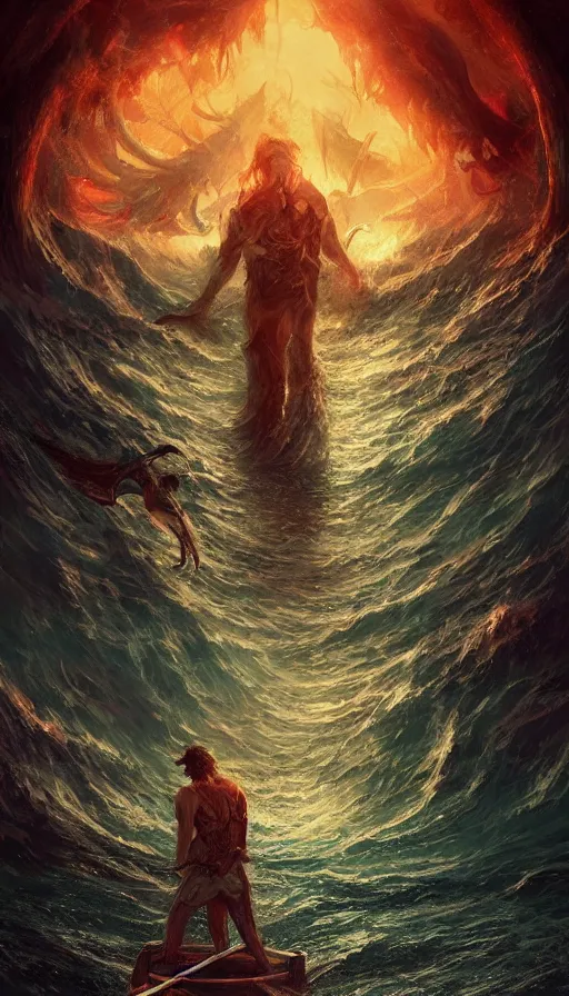 Prompt: man on boat crossing a body of water in hell with creatures in the water, sea of souls, by ross tran