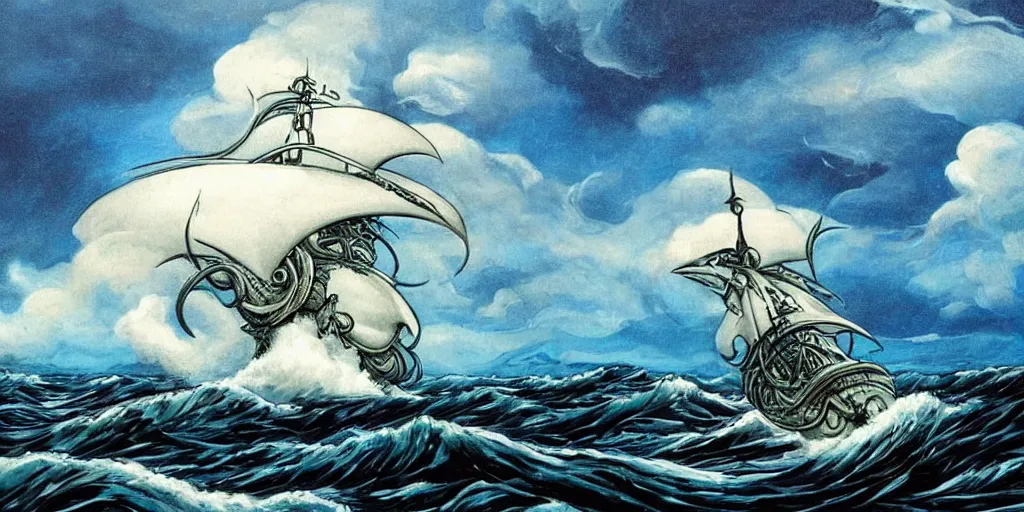 Image similar to kraken!!!!!!!!!!!!!!!! tentacles!!!!!!!!!!! stormy sea!!!!!! steamship boat dramatic clouds painting